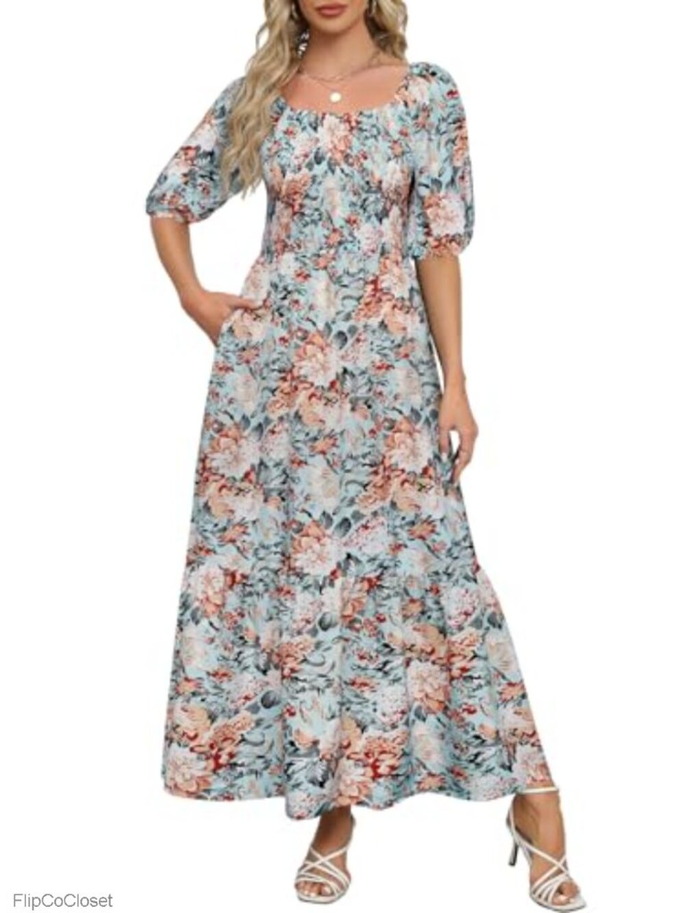 Boho Smocked Maxi Dress Women Square Neck Puff Sleeve A-Line Tiered Ankle